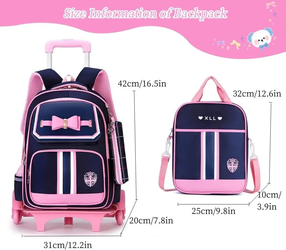 Caster Cute Rolling Backpack for Girls with Wheels Trolley Bookbag
