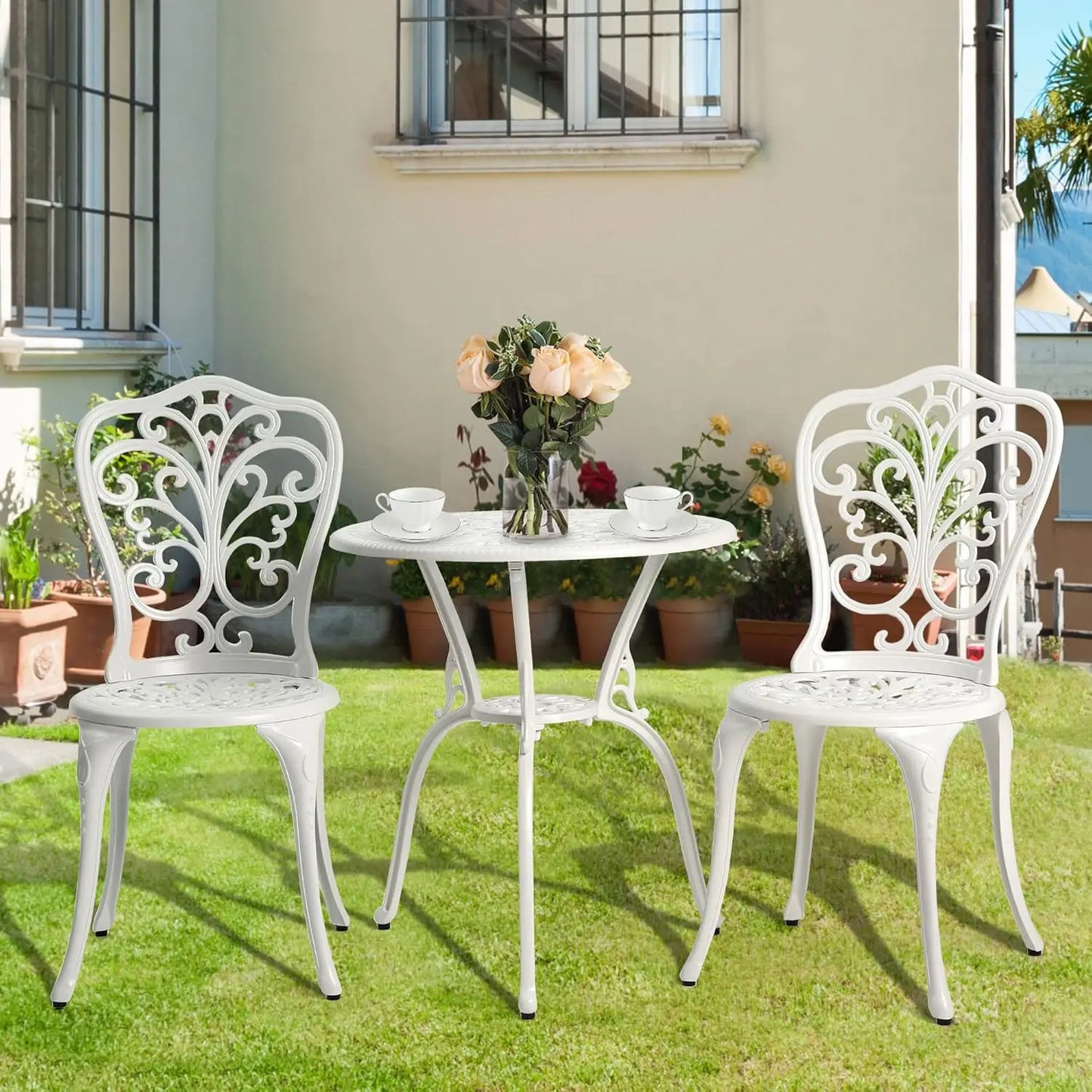 Bistro Table And Chairs Outdoor Patio Set Cast Aluminum Rose Pattern