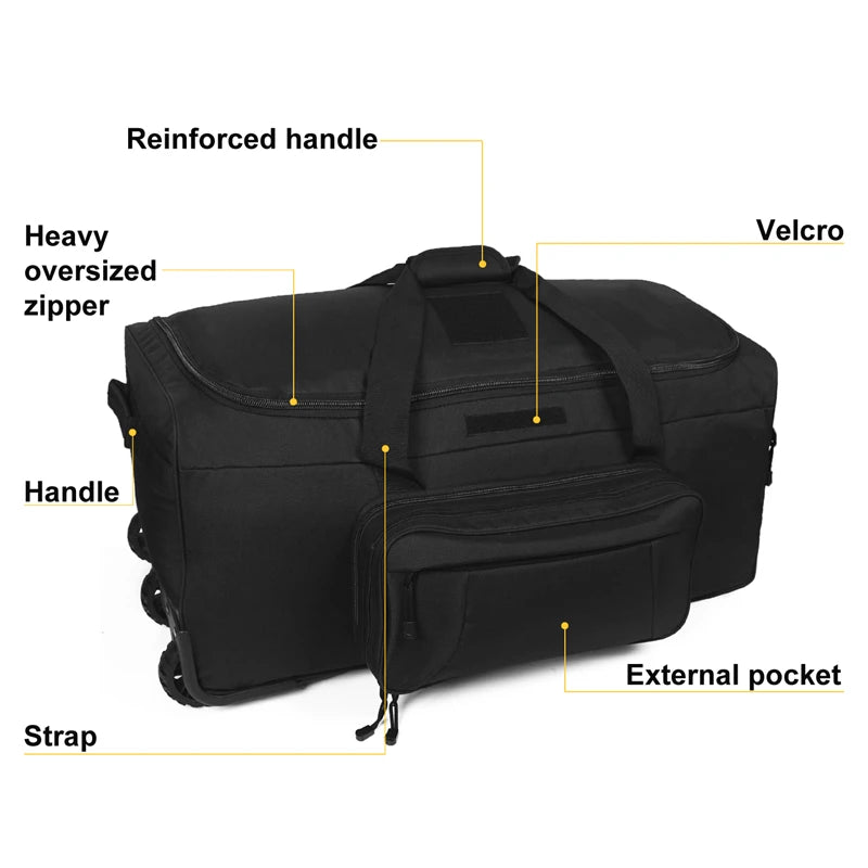 QCN Tactical Rolling Duffel Bag Luggage For Travel And Hiking
