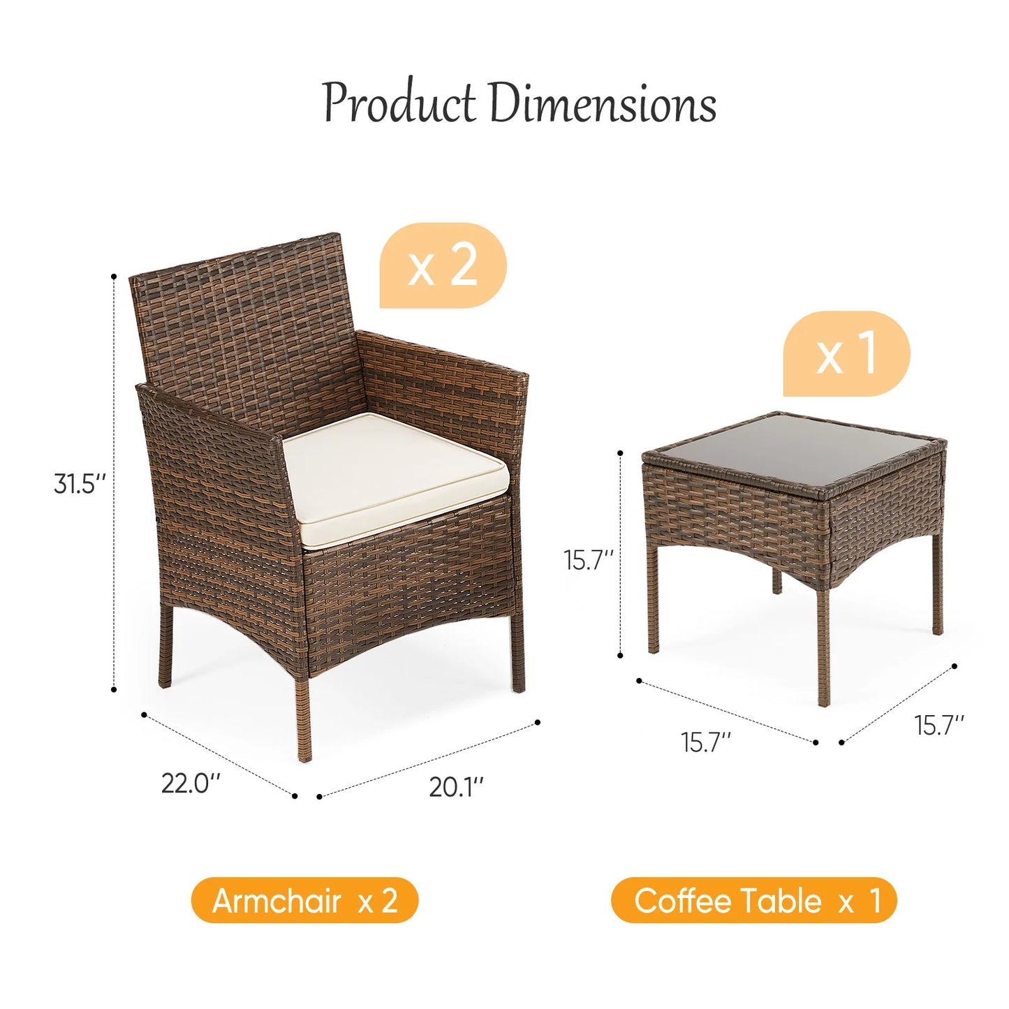 Outdoor Patio Furniture Set 3 Pieces Rattan Wicker Glass Table