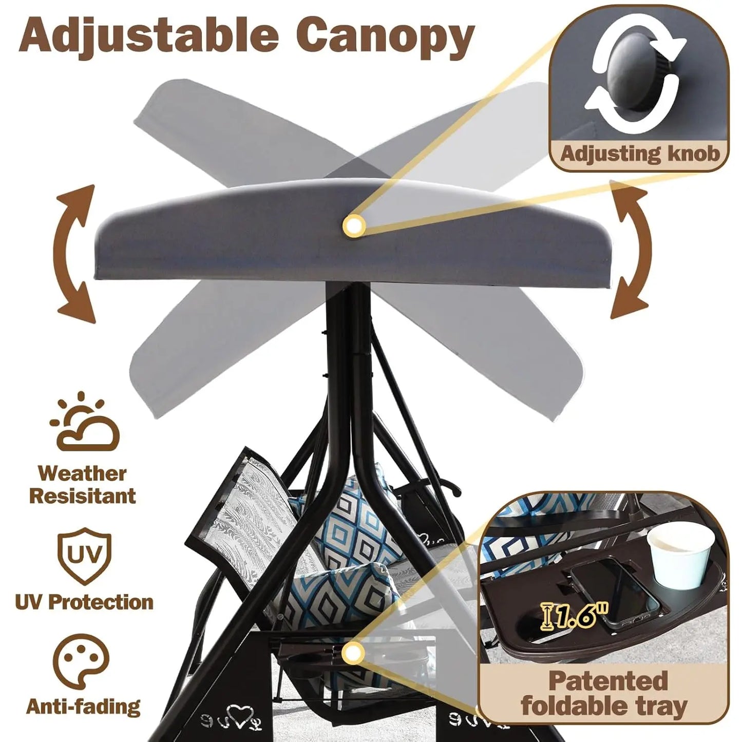Patio Swing Chair With Adjustable Canopy And Cup Holders
