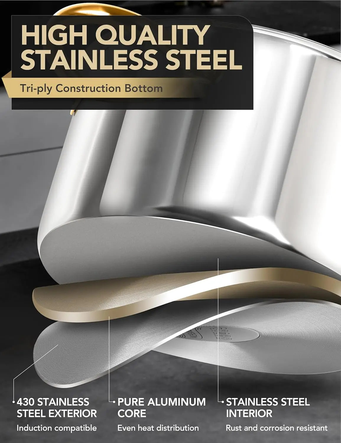 XMSJ Stainless Steel Stock Pot With Lid Ergonomic Handle