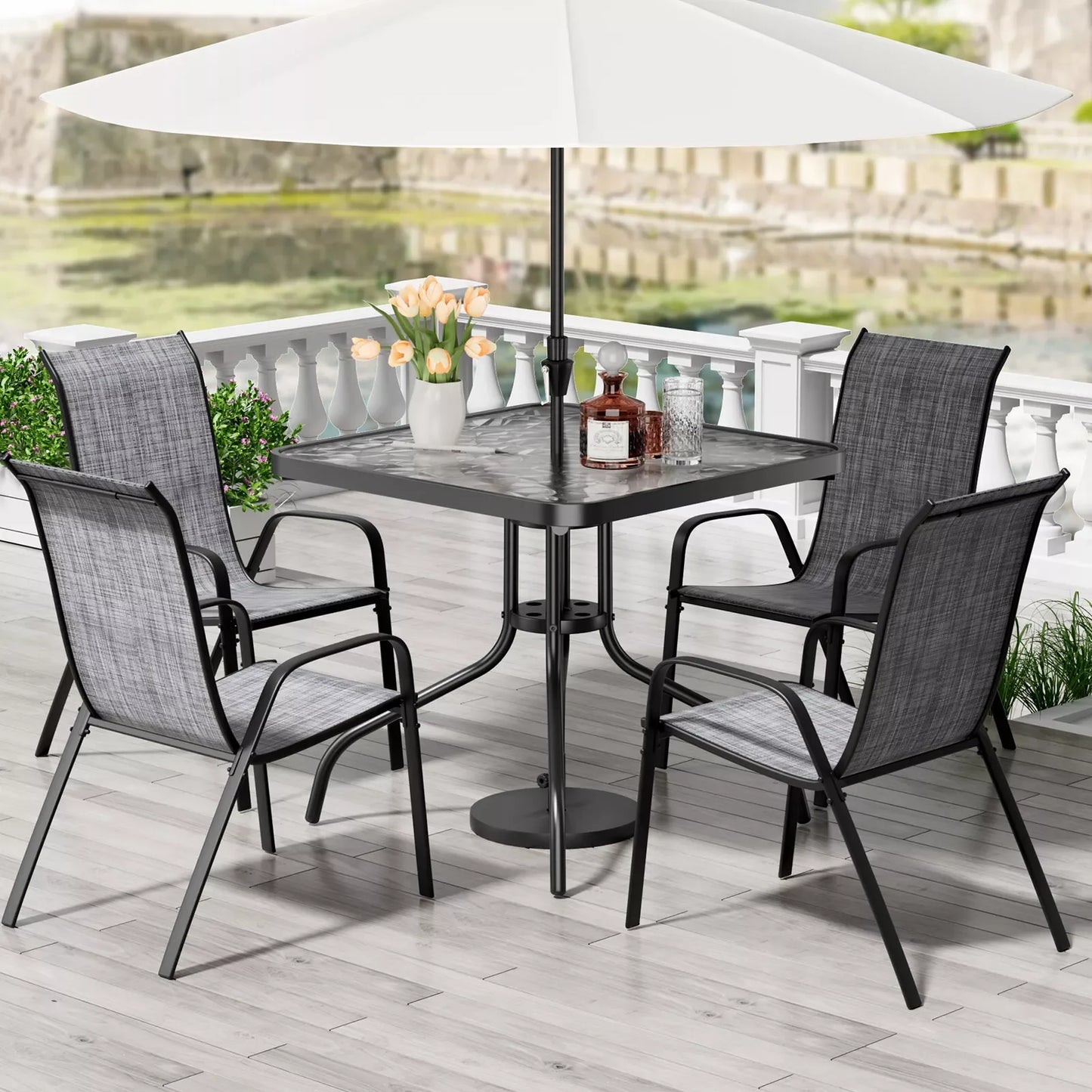 Patio Dining Set 5 Pieces Outdoor Metal Table With Textilene Chairs