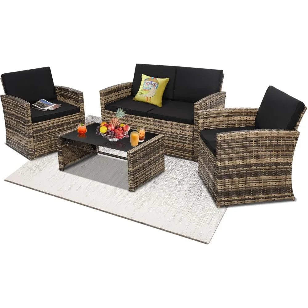 Outdoor Rattan Patio Conversation Set With Cushioned Wicker Sofa