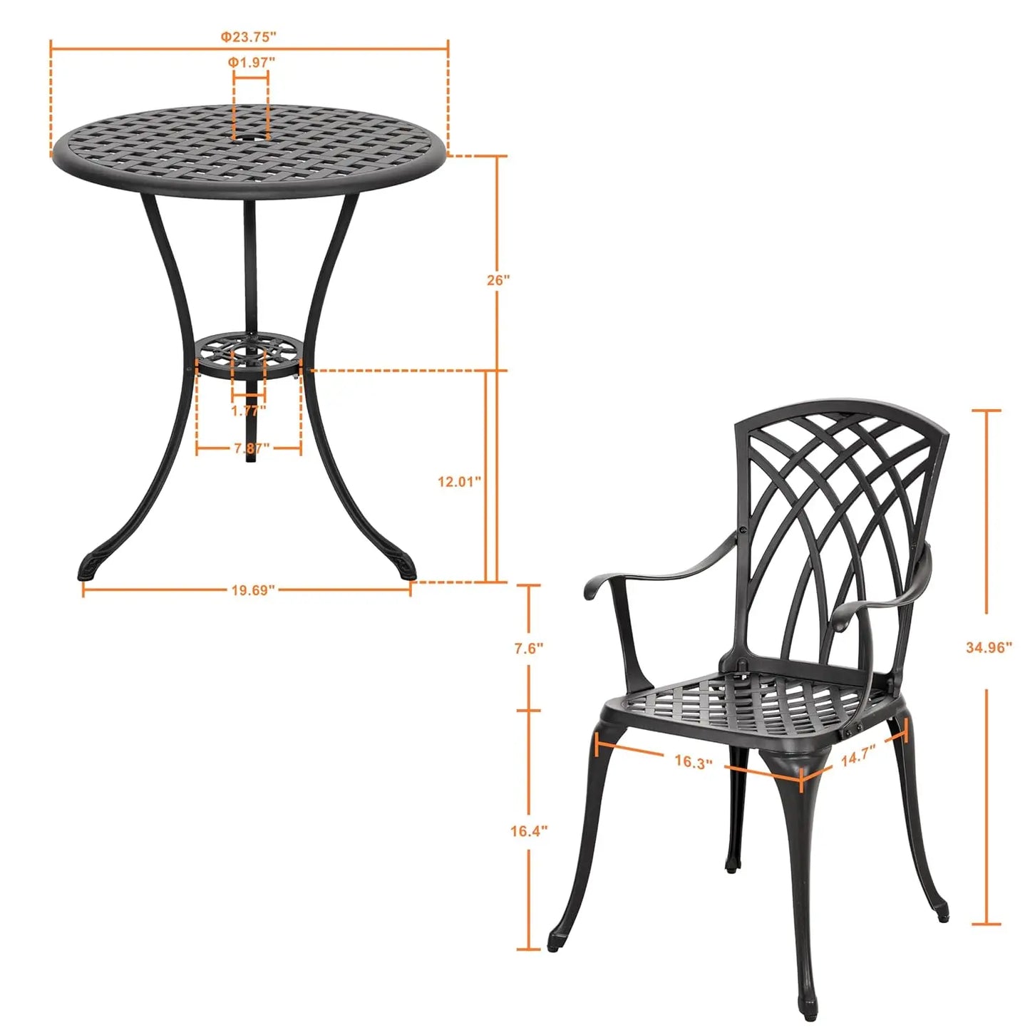 Outdoor Cast Aluminum Bistro Set 3 Piece Patio Table Chairs