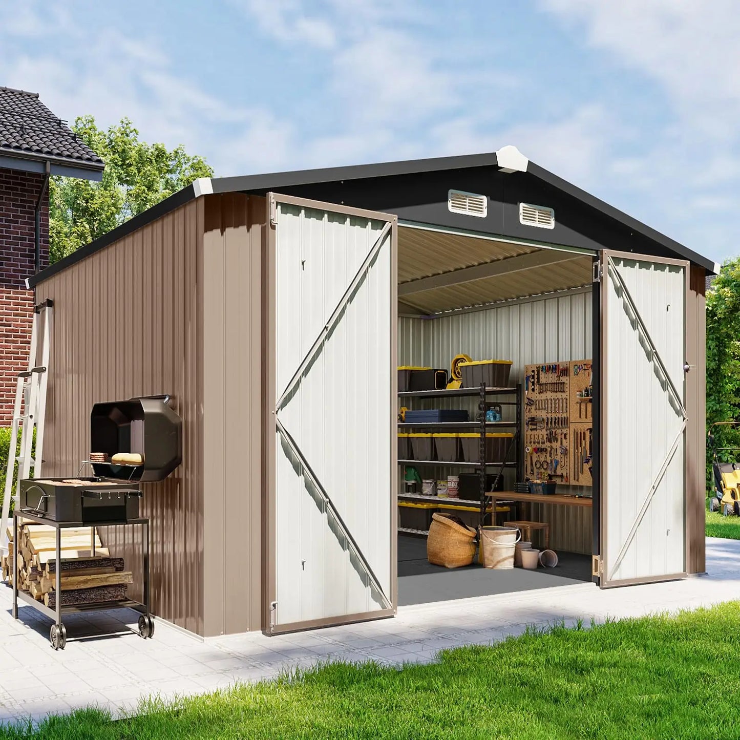Durable Galvanized Steel Outdoor Shed With Floor And Lockable Doors