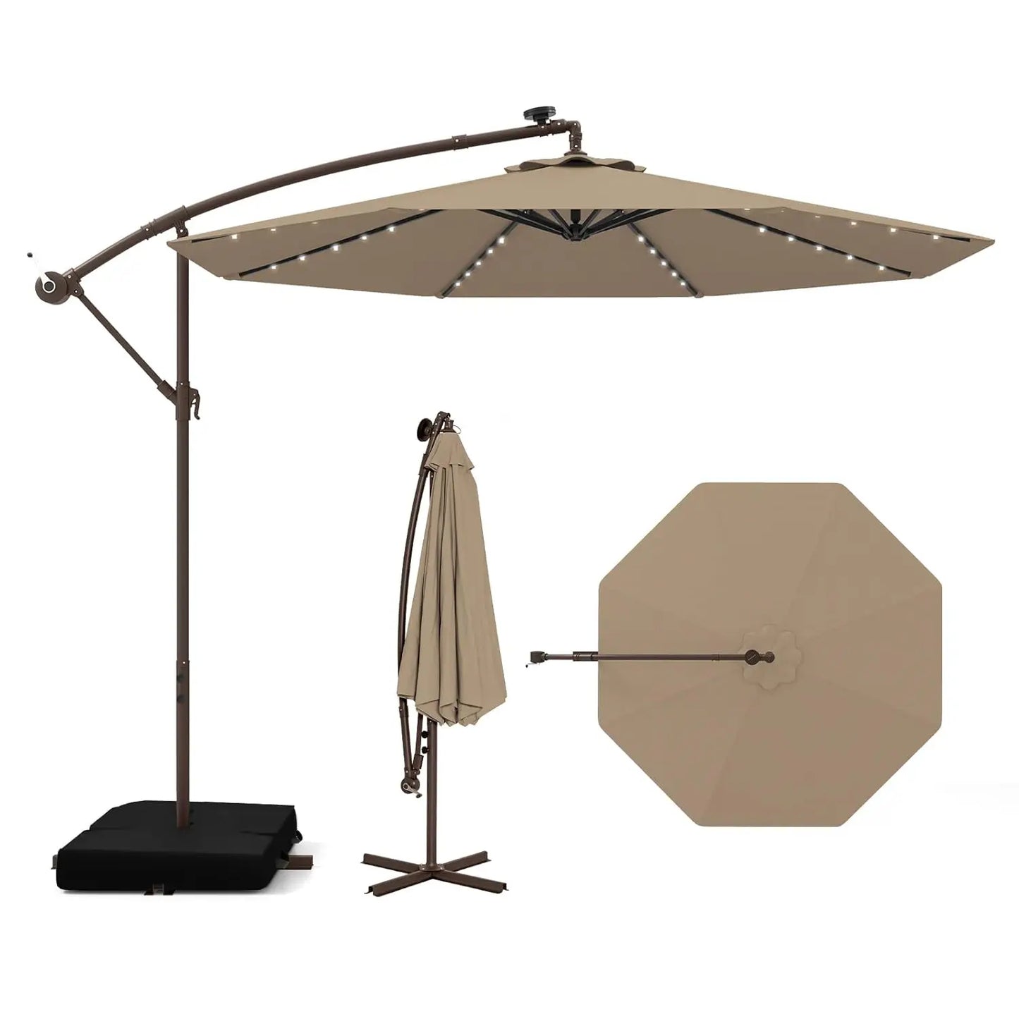 Offset Patio Cantilever Umbrella With Base And Solar LED Lights