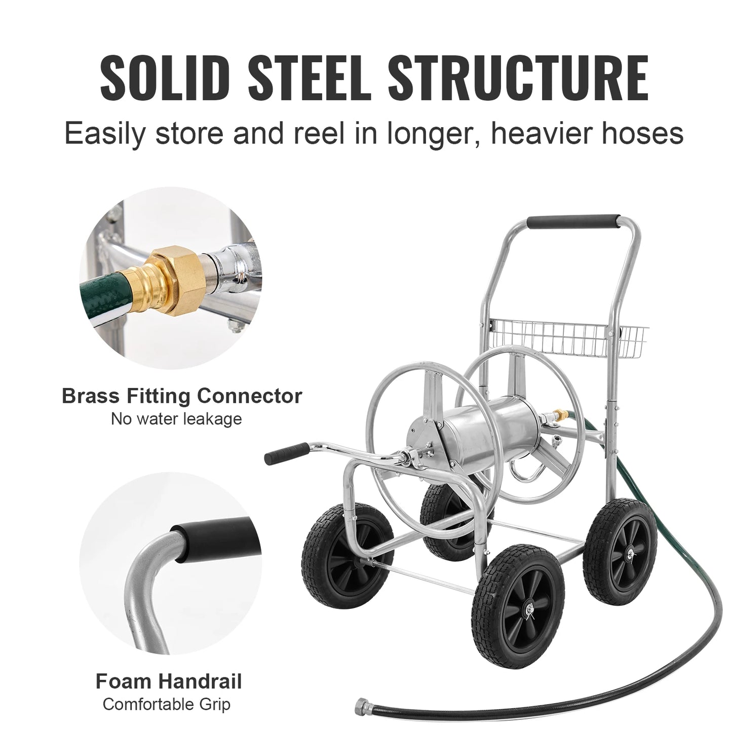 SucceBuy Hose Reel Cart With Basket Garden Roll Up System
