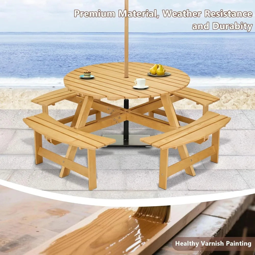 Outdoor Picnic Table Set With Umbrella Hole And Wood Benches