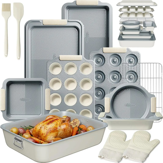 XMSJ Nonstick Baking Pans Set With Silicone Handles 450F Oven Safe Cookie Sheets