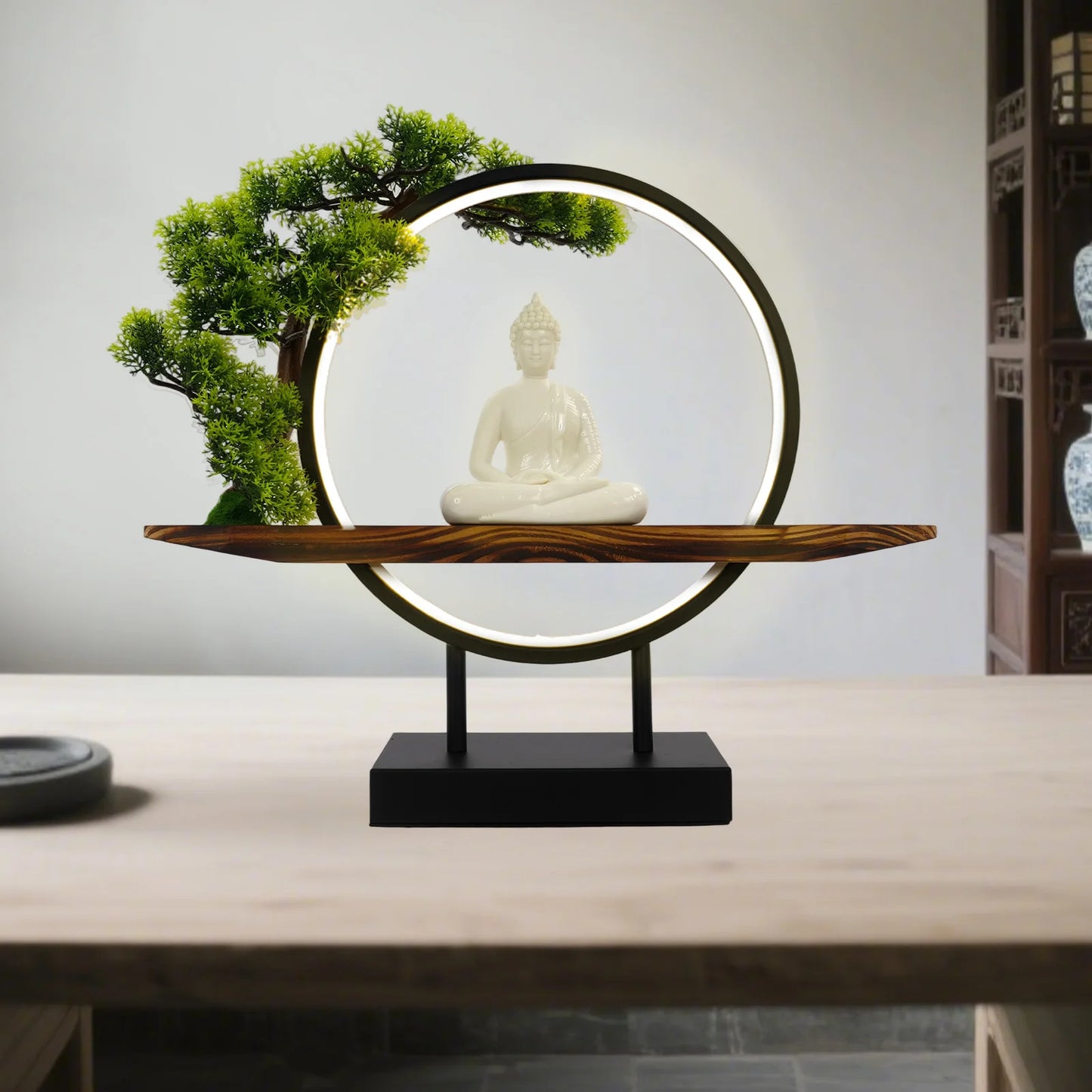Buddha Statue Indoor Decor Desktop Ornament With LED Circle Lamp