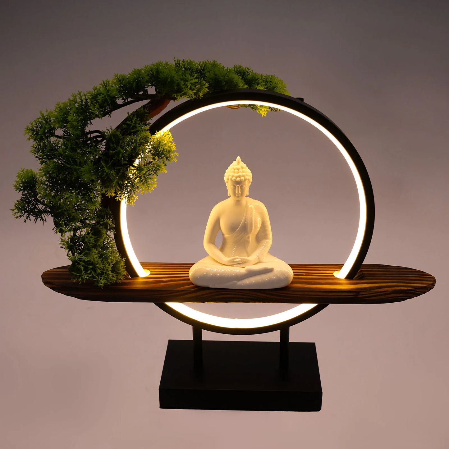 Buddha Statue Indoor Decor Desktop Ornament With LED Circle Lamp