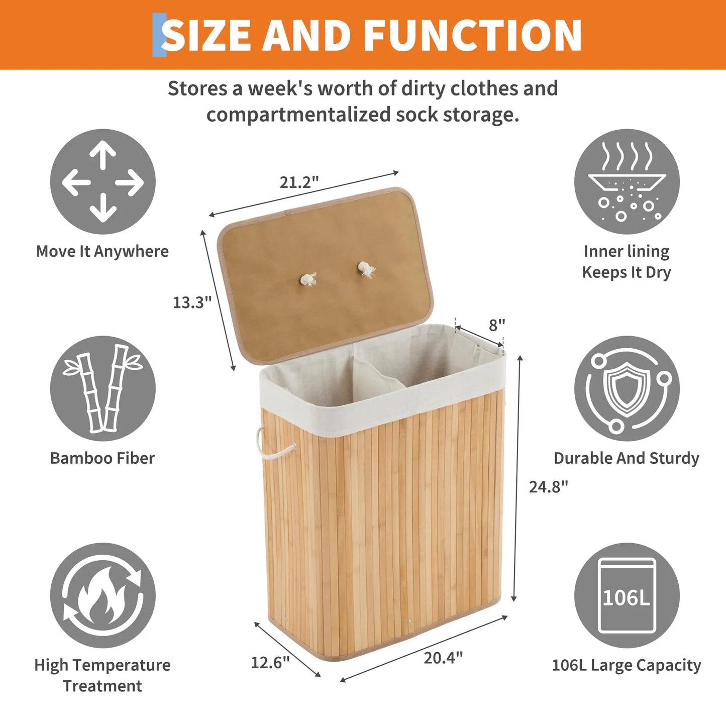 HiMISSCN Bamboo Laundry Hamper with Removable 4-Section Liner