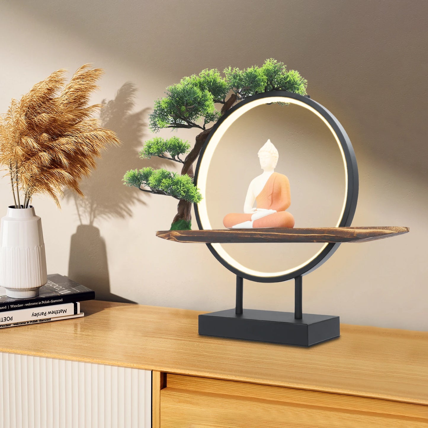 Buddha Statue Indoor Decor Desktop Ornament With LED Circle Lamp