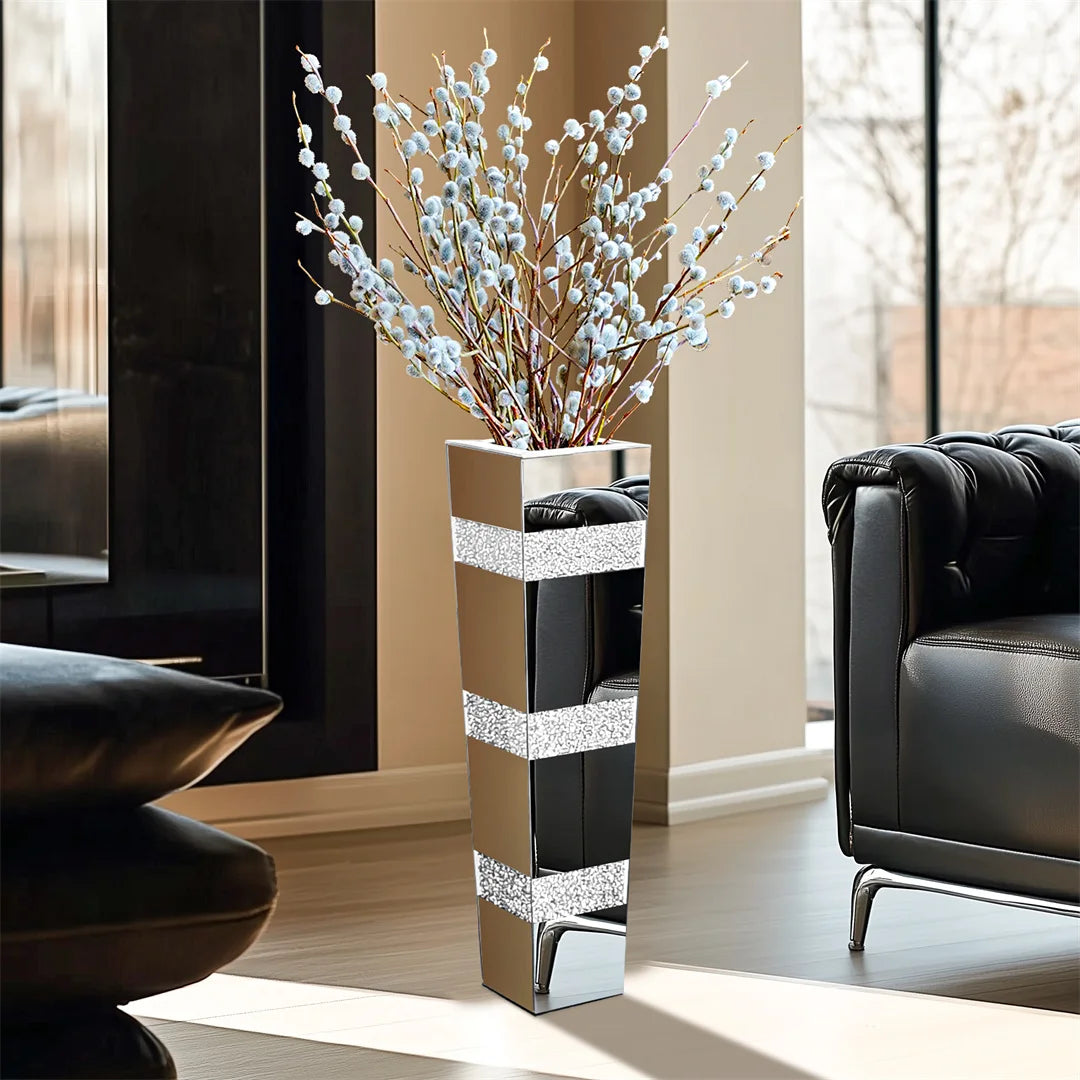 Crystal Diamond Accents Mirrored Floor Vase For Floral Arrangements