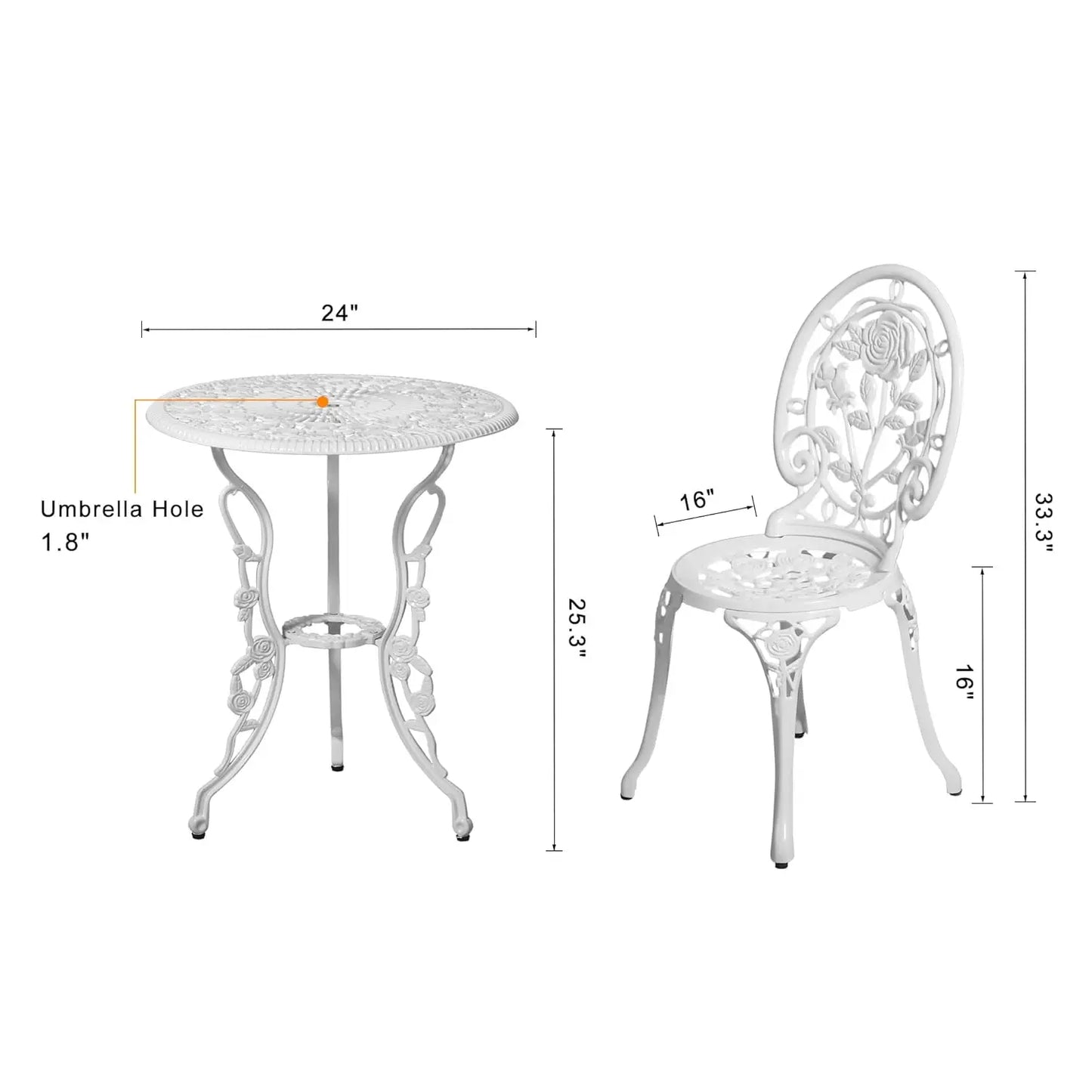Bistro Table And Chairs Outdoor Patio Set Cast Aluminum Rose Pattern