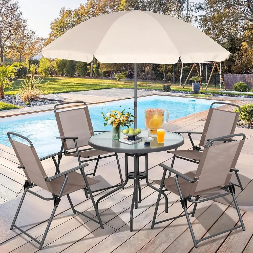 All Weather Patio Dining Set With Umbrella And Bamboo Frame