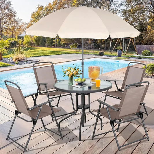 All Weather Patio Dining Set With Umbrella And Bamboo Frame