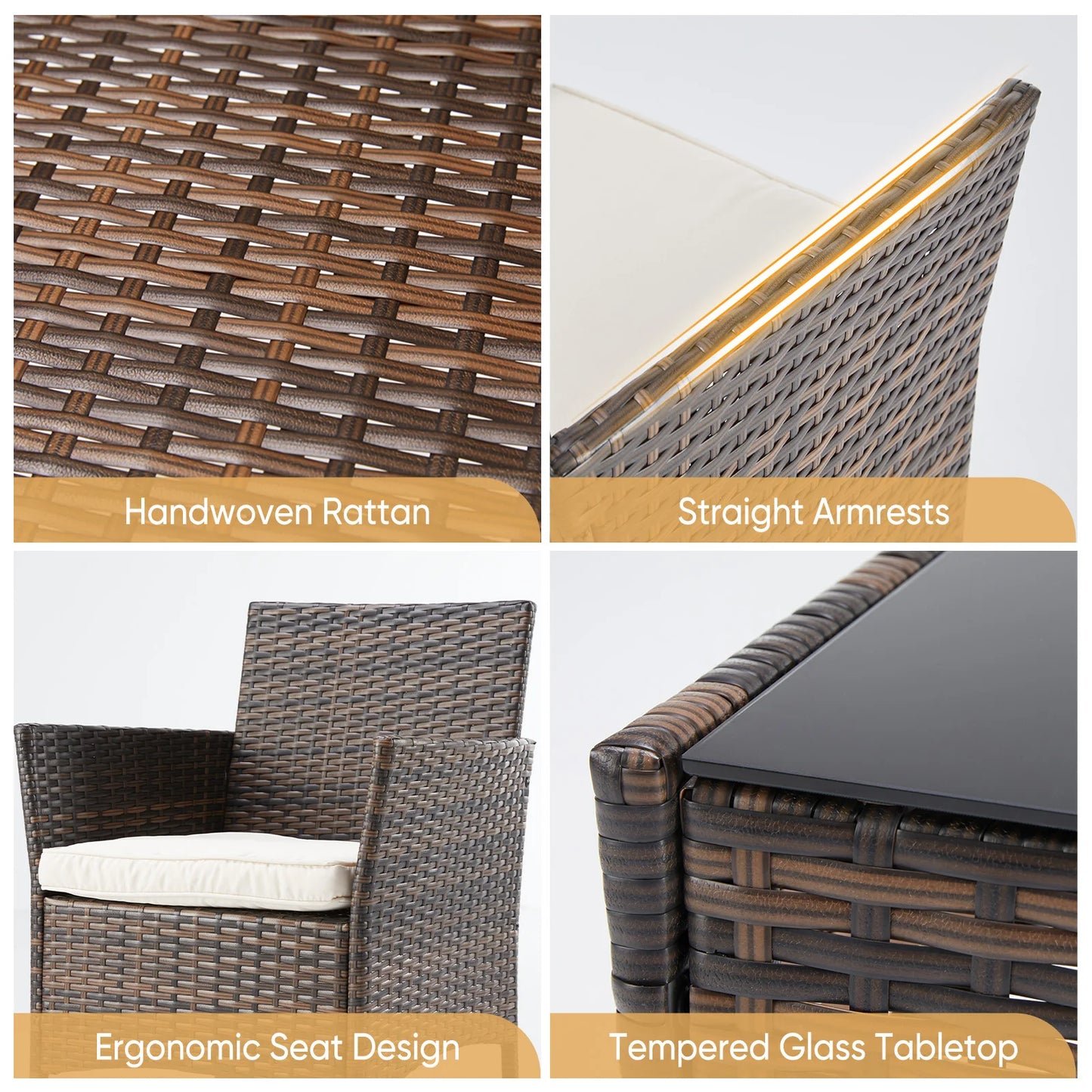 Outdoor Patio Furniture Set 3 Pieces Rattan Wicker Glass Table