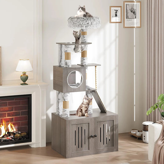 HiMISS Multi Level Cat Tree With Enclosed Litter Box Condo