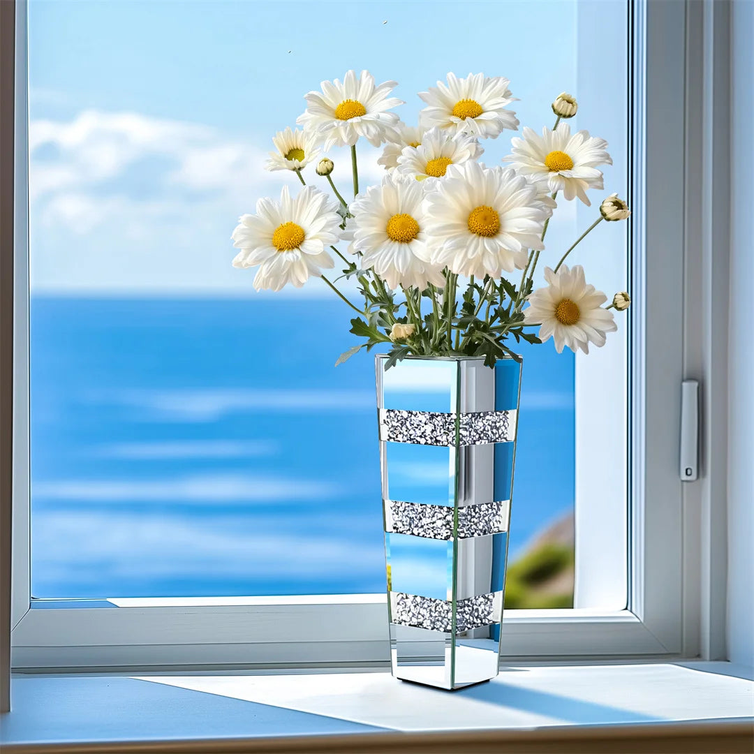 Crystal Diamond Accents Mirrored Floor Vase For Floral Arrangements