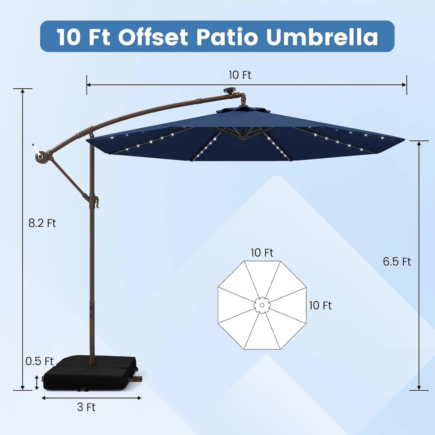 Offset Patio Cantilever Umbrella With Base And Solar LED Lights