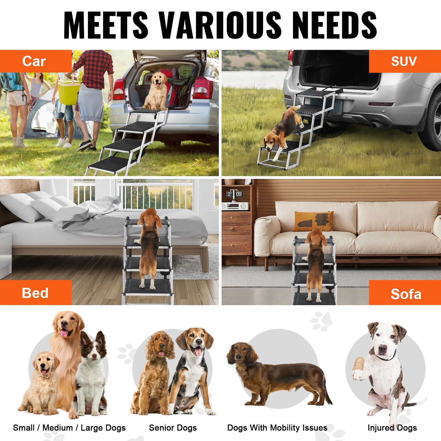 SucceBuy Dog Car Stair Folding Portable Pet Steps Aluminum 150 Lbs