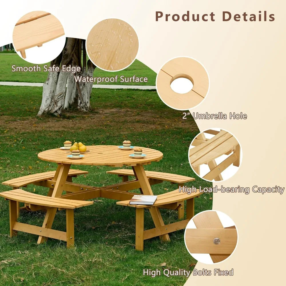 Outdoor Picnic Table Set With Umbrella Hole And Wood Benches