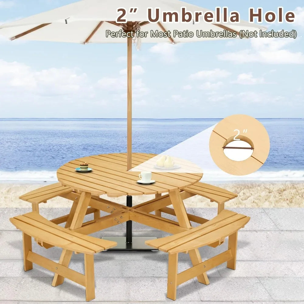 Outdoor Picnic Table Set With Umbrella Hole And Wood Benches