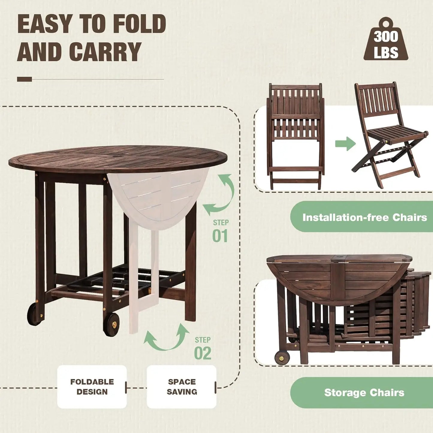 Acacia Wood Patio Dining Set With Folding Chairs And Table