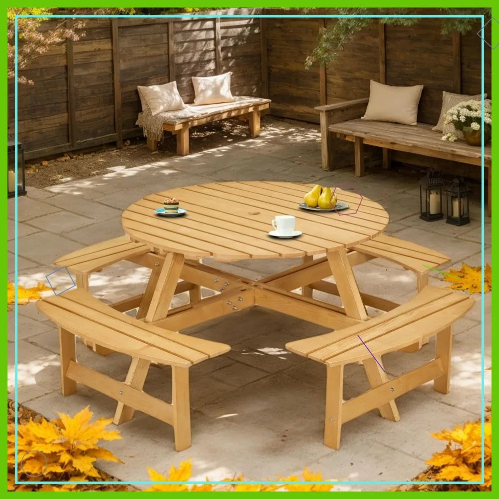 Outdoor Picnic Table Set With Umbrella Hole And Wood Benches