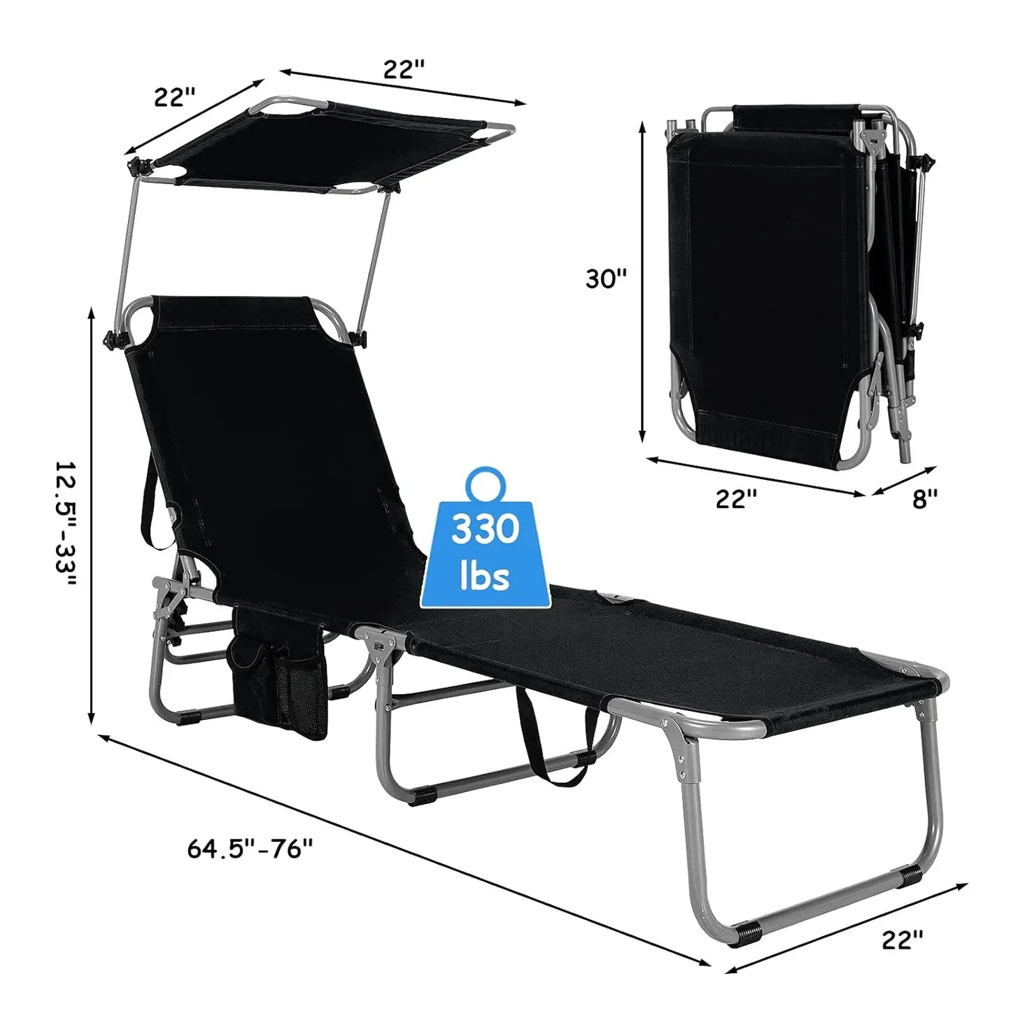 Beach Chair With Canopy Shade Folding Lounge Adjustable Backrest