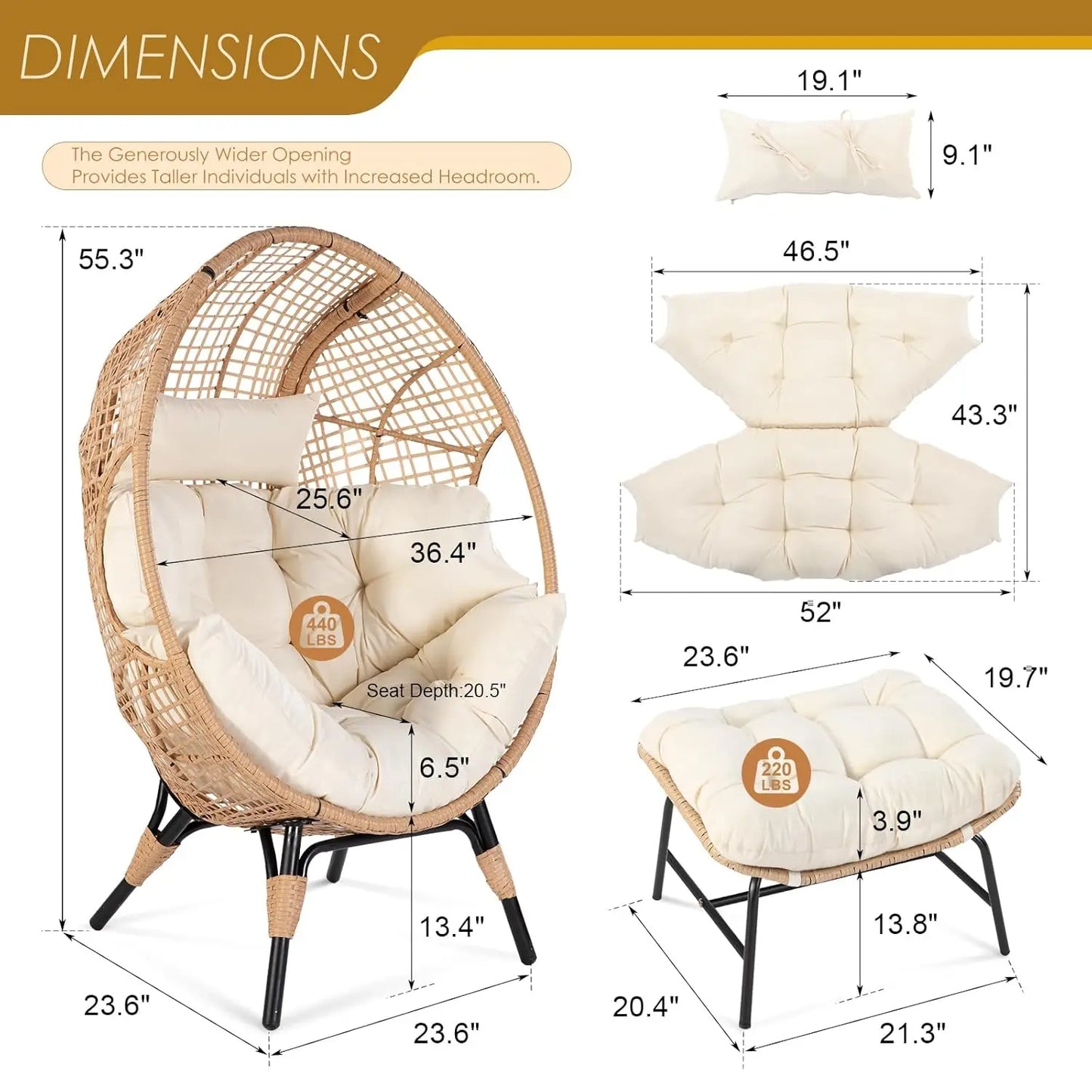 Indoor Outdoor Egg Chair With Ottoman Cushioned Lounge Footrest