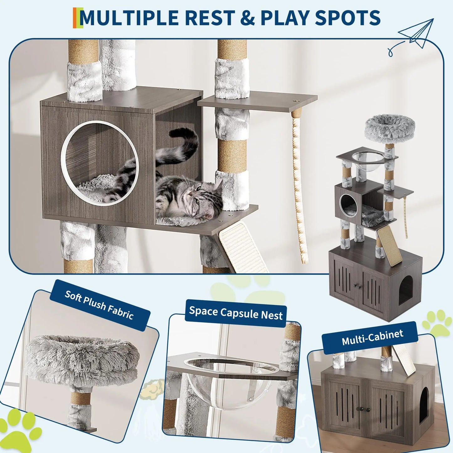 HiMISS Multi Level Cat Tree Enclosed Litter Box Capsule Nest