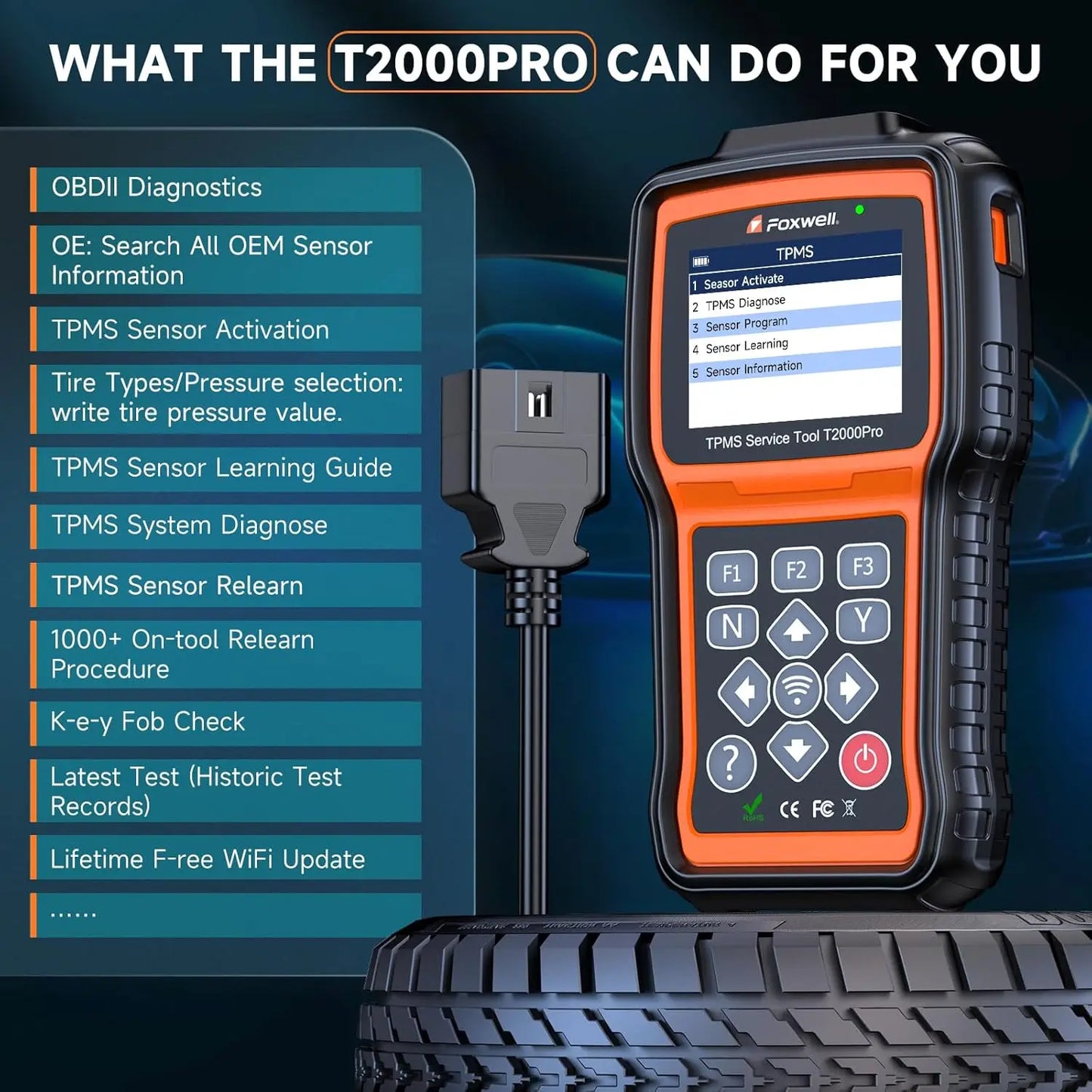 FOXWELL T2000 PRO Tire Pressure TPMS Tool Relearn Activate Sensors