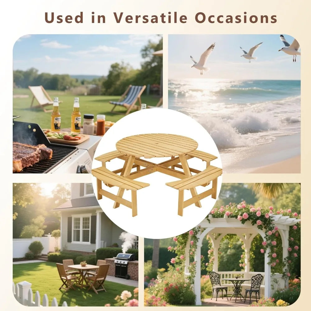 Outdoor Picnic Table Set With Umbrella Hole And Wood Benches