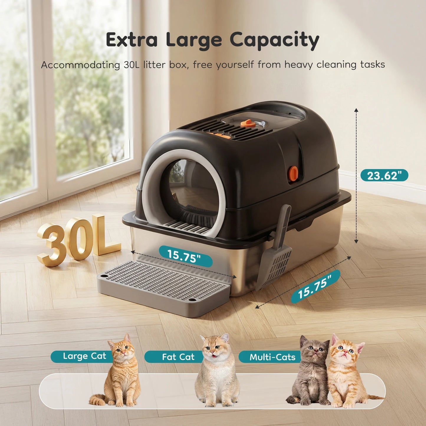 JHK Stainless Steel Cat Litter Box Enclosed For Big Cats
