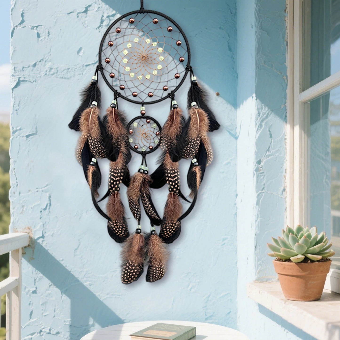 Handcrafted Dream Catcher Wall Hanging With Peacock Feathers And Beads