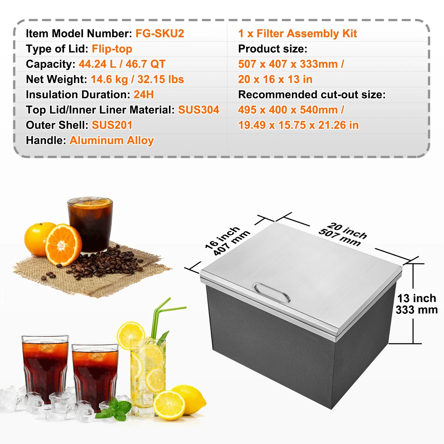 SucceBuy Drop In Ice Chest Stainless Steel Ice Cooler