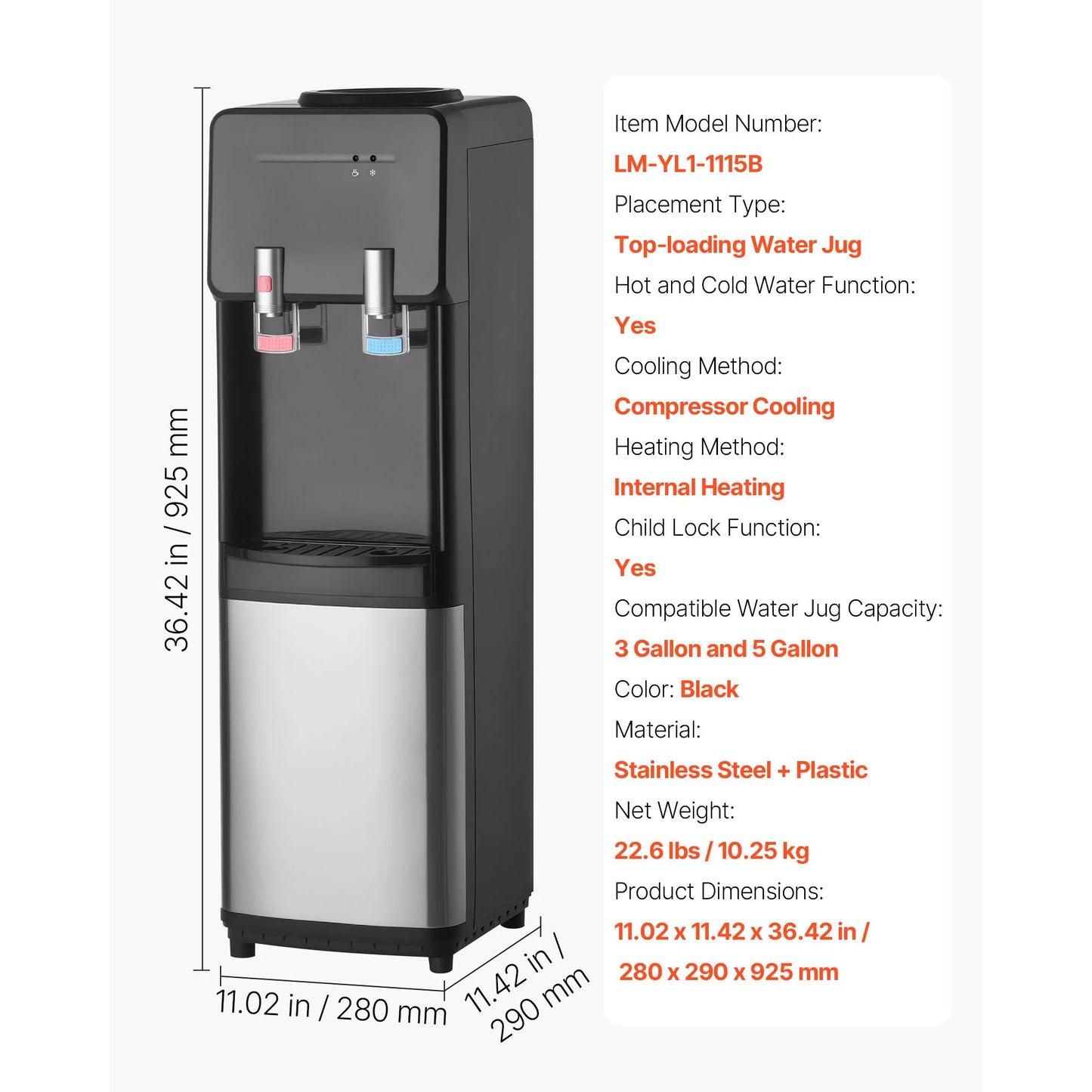 SucceBuy Top Loading Water Cooler Dispenser Hot Cold Stainless Steel