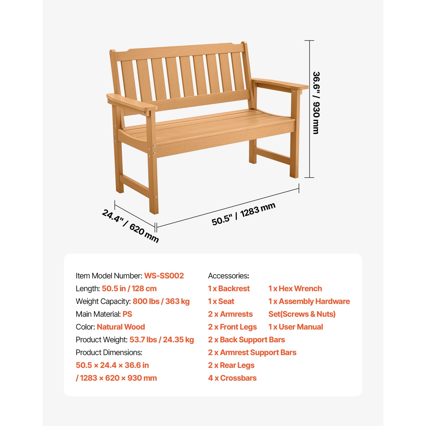 SucceBuy Outdoor Garden Bench Wood Metal Load Capacity 480 Lbs