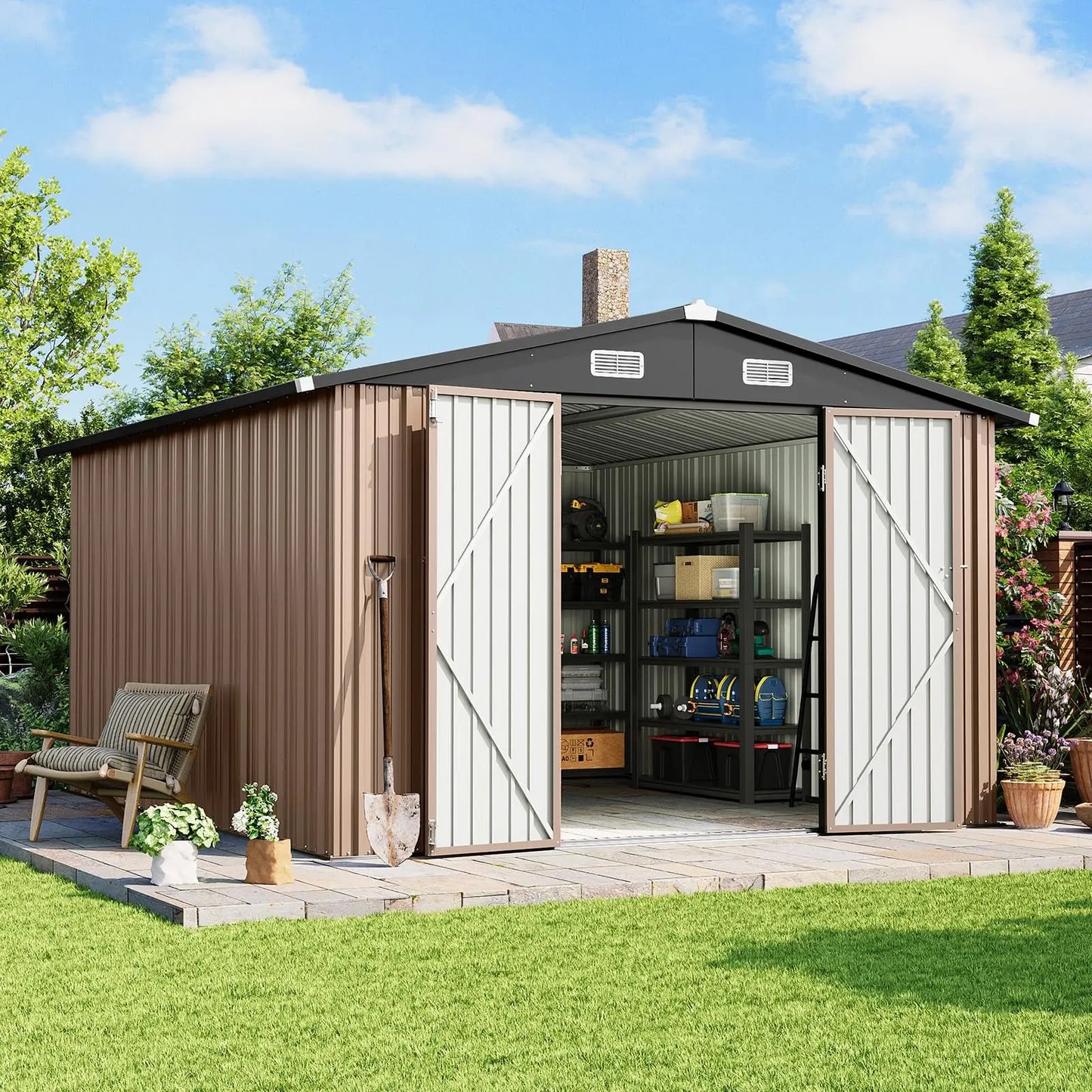 Durable Galvanized Steel Outdoor Shed With Floor And Lockable Doors