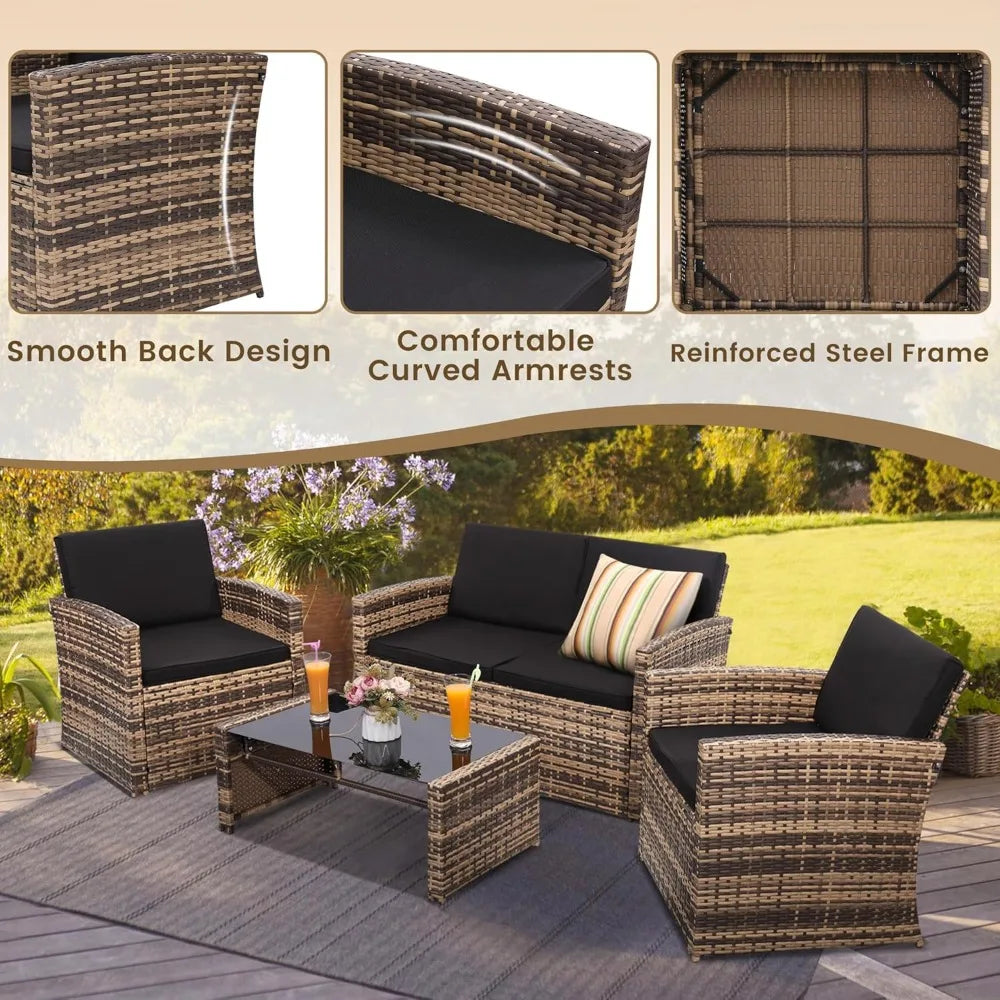 Outdoor Rattan Patio Conversation Set With Cushioned Wicker Sofa