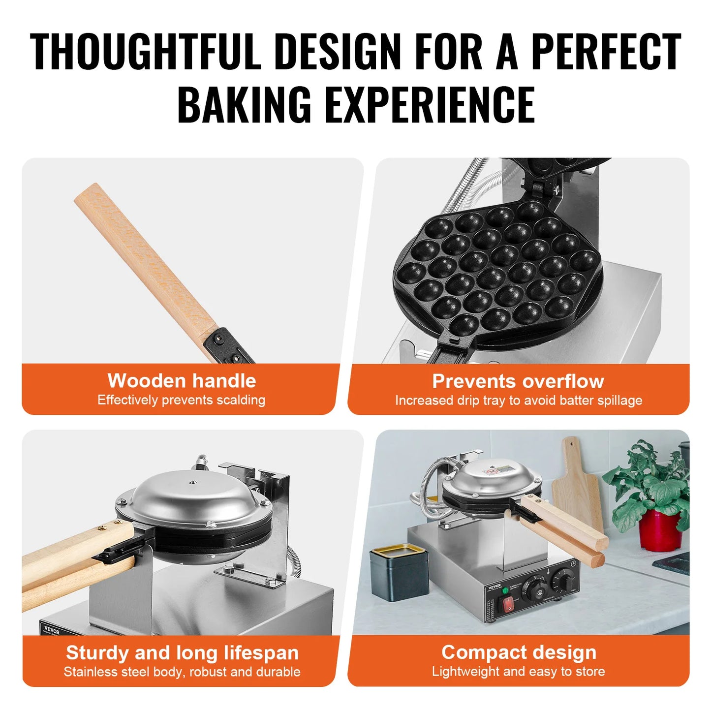 SucceBuy Commercial Egg Bubble Waffle Maker 1000-1500W Rotatable