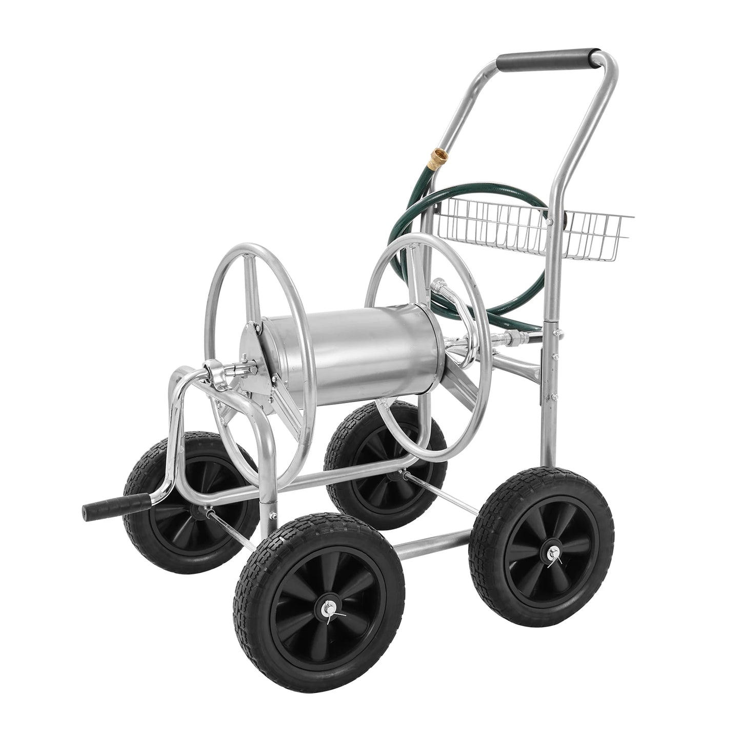 SucceBuy Hose Reel Cart With Basket Garden Roll Up System