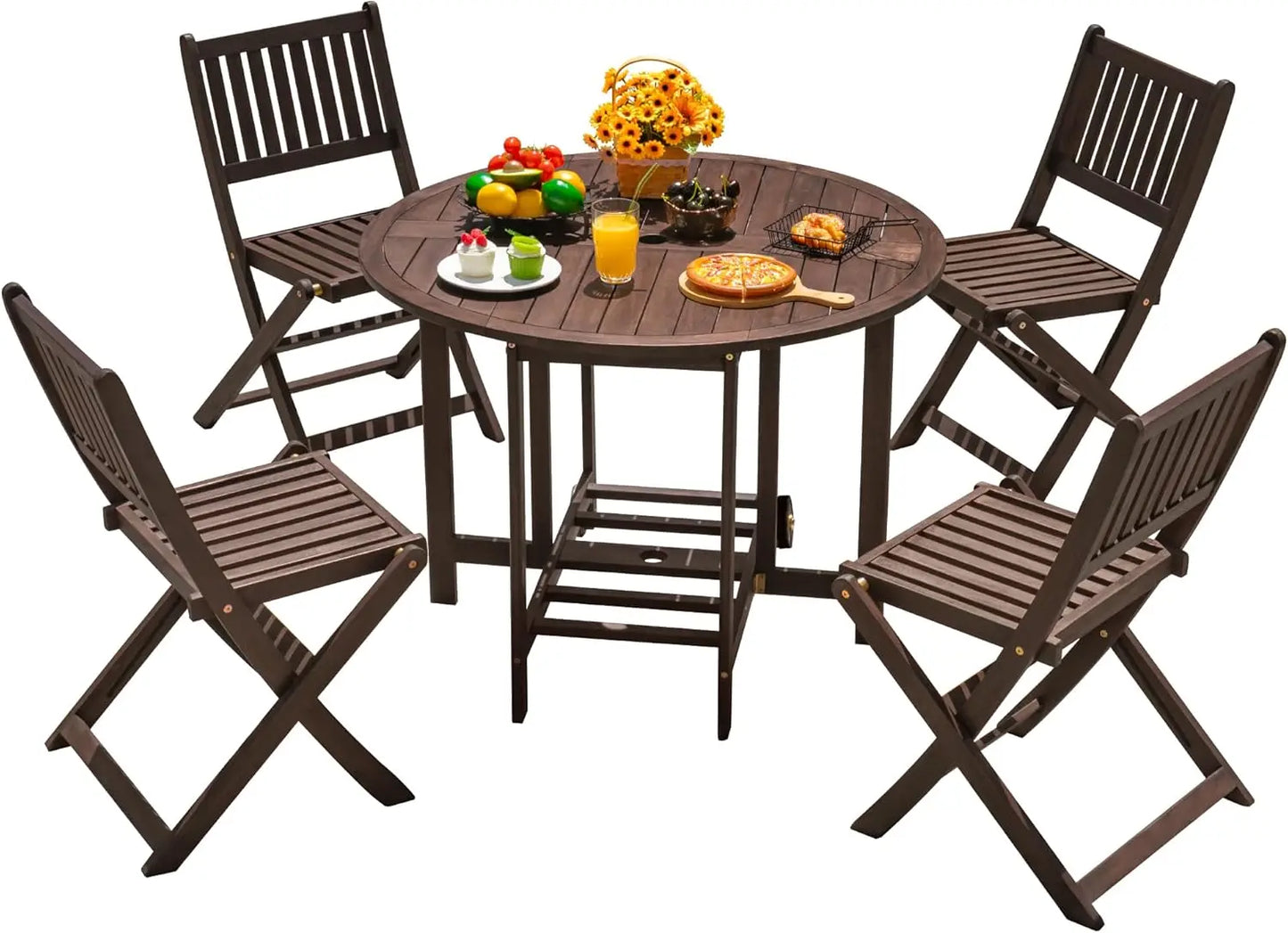 Acacia Wood Patio Dining Set With Folding Chairs And Table