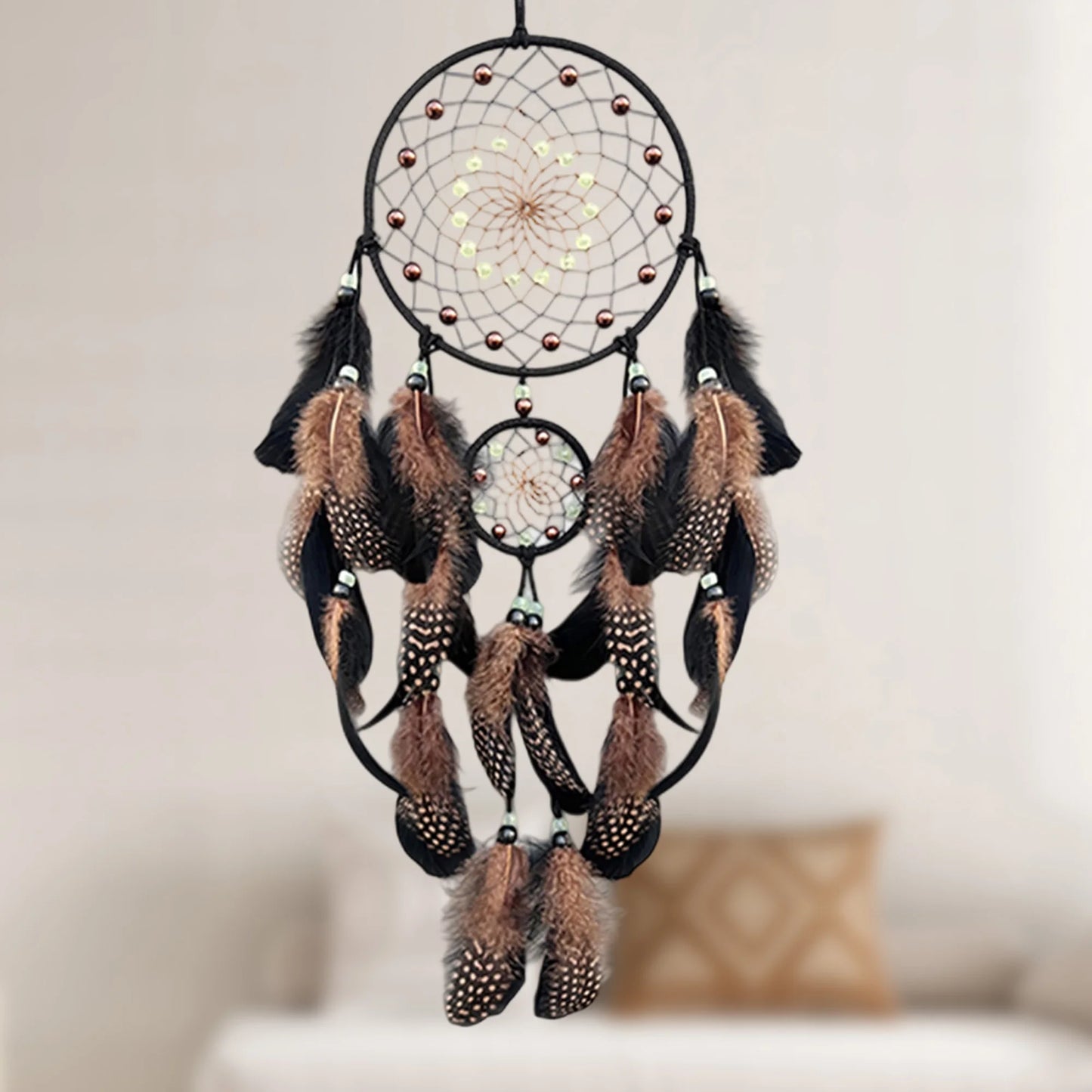 Handcrafted Dream Catcher Wall Hanging With Peacock Feathers And Beads