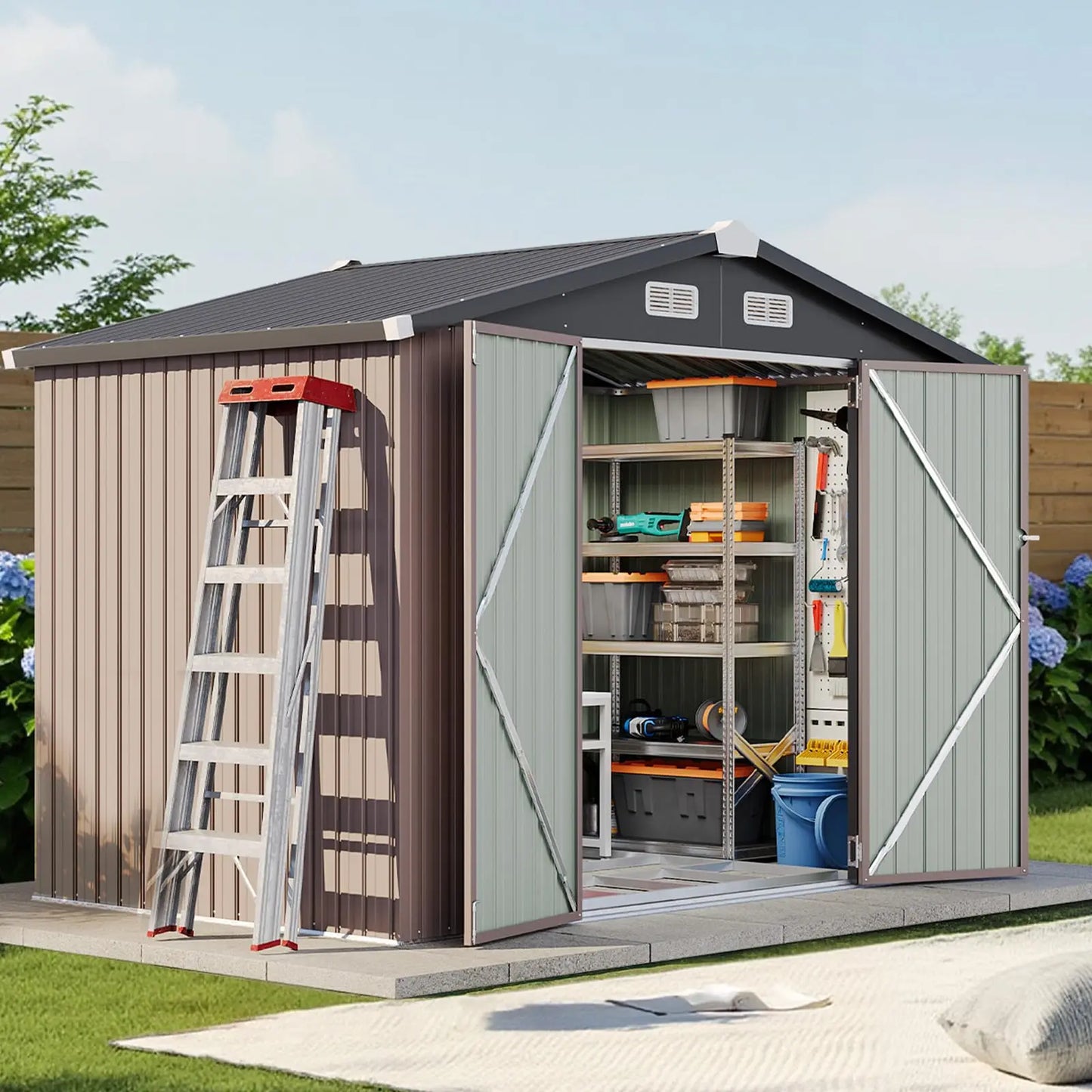 Durable Galvanized Steel Outdoor Shed With Floor And Lockable Doors