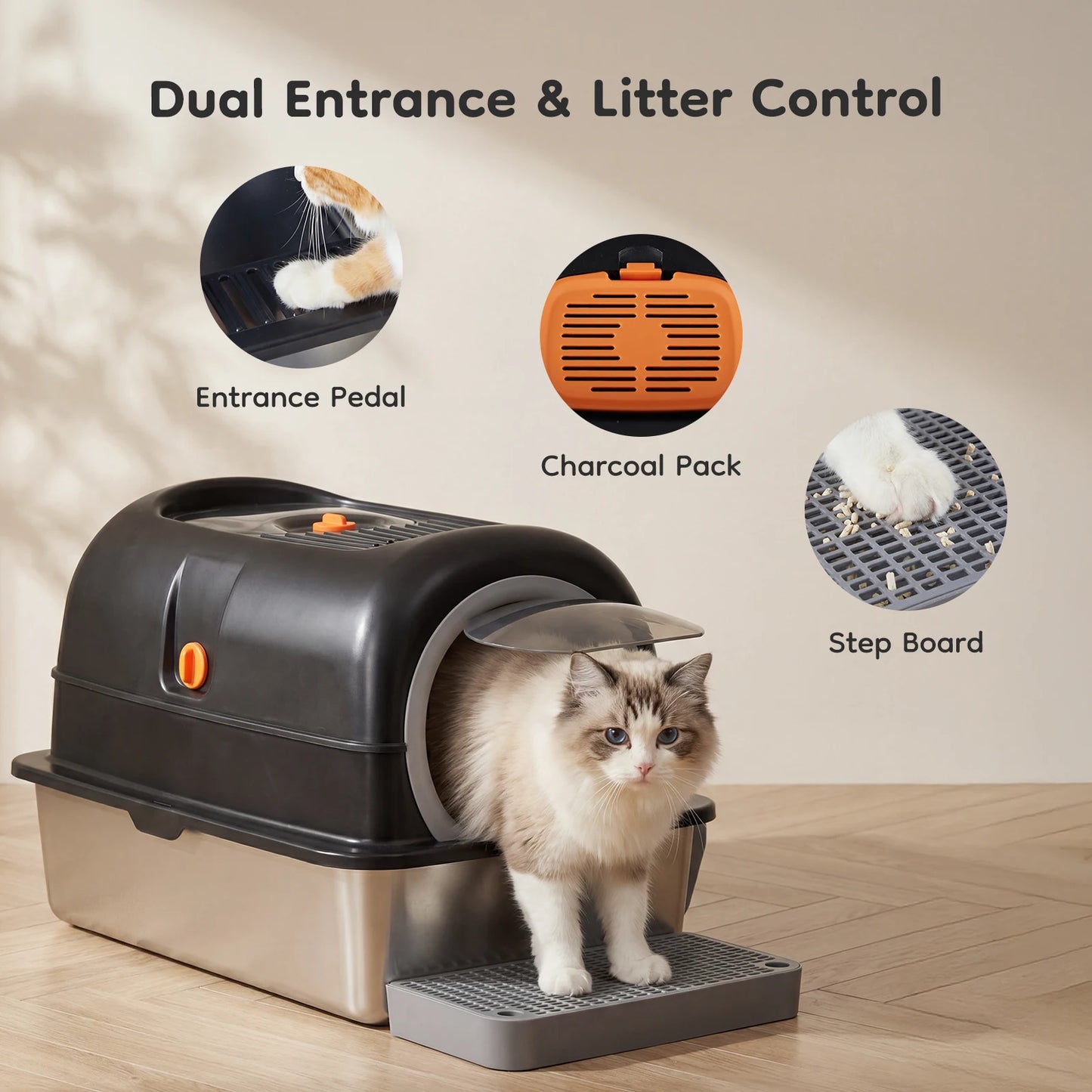 JHK Stainless Steel Cat Litter Box Enclosed For Big Cats