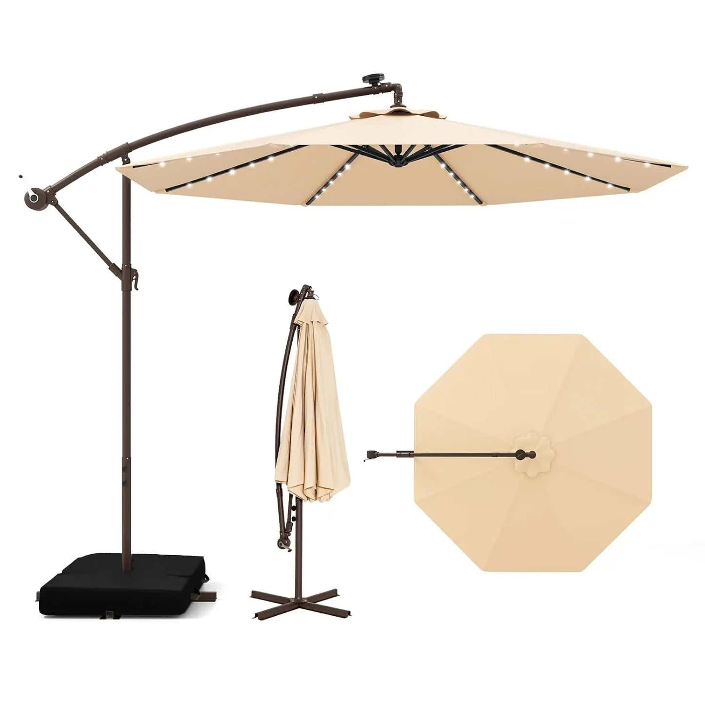 Offset Patio Cantilever Umbrella With Base And Solar LED Lights